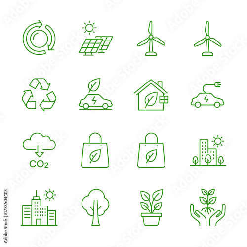 Ecology icons set with eco friendly symbols including tree leaf recycling earth house car water plant and globe