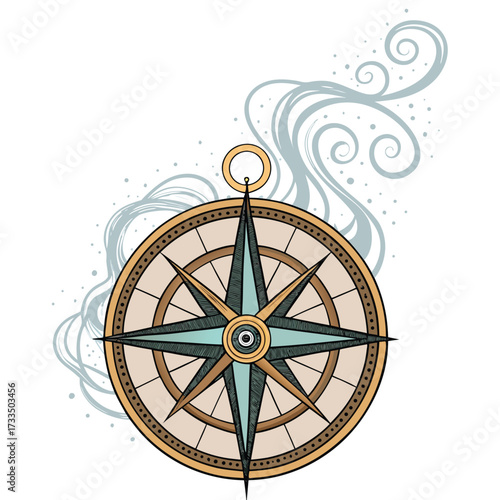 An ornate compass rose with swirling abstract lines and dots in blue.