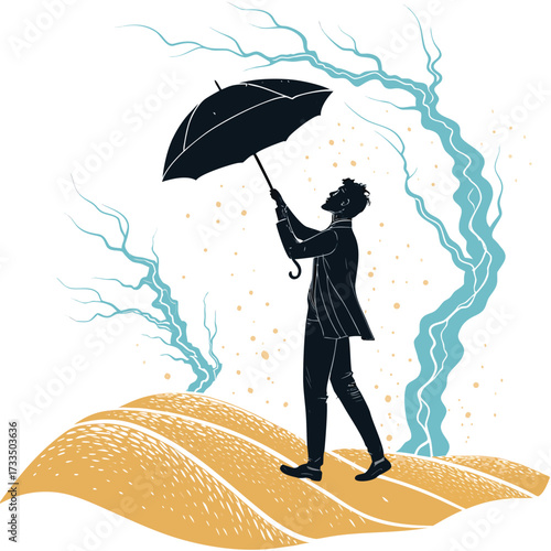 A man holding an umbrella walks through a desolate landscape.