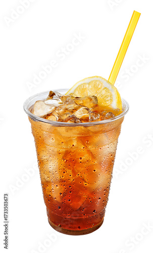 Iced tea in fogged disposable plastic cup with wedge of lemon and straw isolated on white background