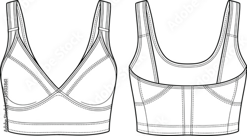Women's sports bra sketch, technical fashion illustration, activewear design, front and back view, V-neck, scoop back, garment template, vector