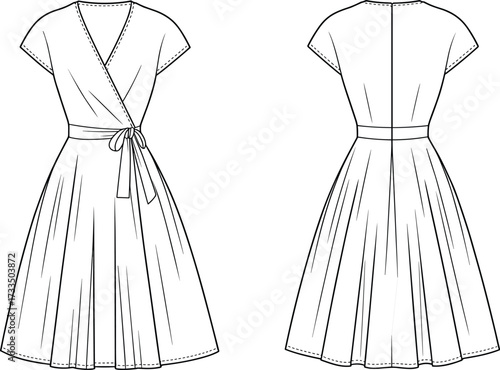 Wrap dress sketch, front and back view, short sleeves, V neckline, waist tie, flared skirt, fashion design, garment illustration