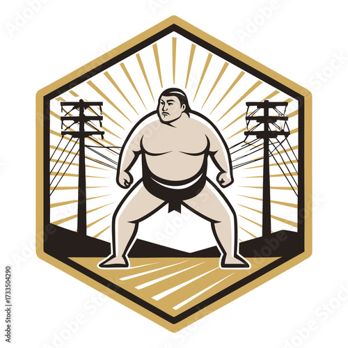 Sumo wrestler stands defiantly in a hexagonal emblem with power poles.