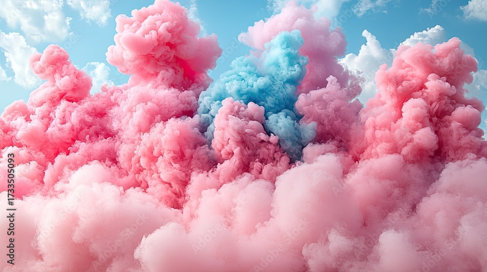 Fototapeta premium Abstract Cloudscape of Pink and Blue Smoke Against a Bright Sky Creating a Dreamlike Atmosphere