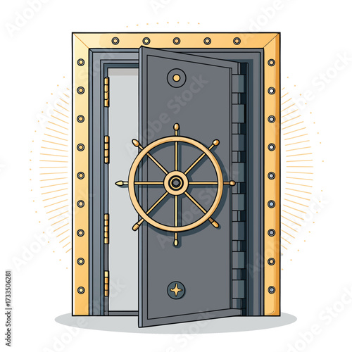 An open vault door with a ship's wheel lock mechanism.