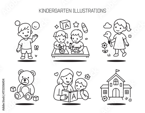 Playful Kindergarten: Illustrations of a charming kindergarten environment, featuring children engaged in playful activities, and joyful learning moments.
