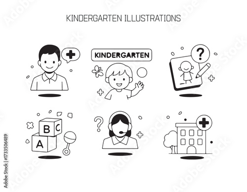 Kindergarten Illustrations: An inviting array of simple yet charming illustrations to use on the themes of a Kindergarten such as learning, teaching and school. 