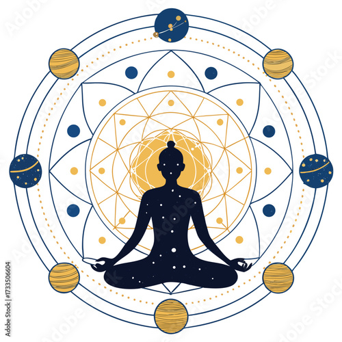 Silhouette of a person meditating within a cosmic mandala pattern.