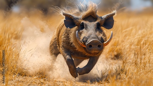 Warthog hurtling through dry grassland, dust rising from its powerful run