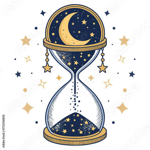 A cosmic hourglass filled with stars and a crescent moon.