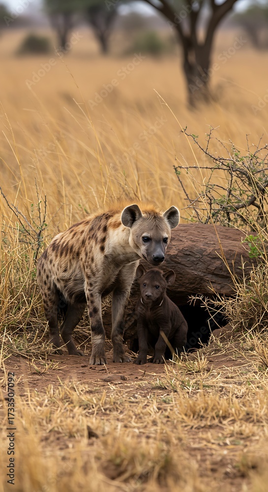 Fototapeta premium Hyena family bonding in african savanna wildlife portrait capturing maternal care and natural