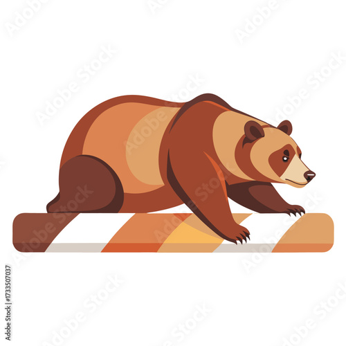 A stylized brown bear balancing on a colorful barre.
