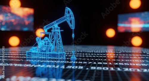 Wireframe oil pumpjack on data, digital abstract render, shallow depth of field