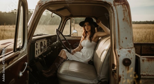 Woman in white dress inside vintage pickup truck, rural setting