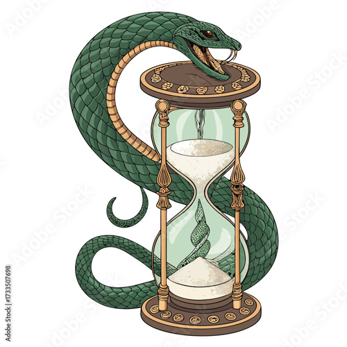 Green snake coiled around an hourglass with sand flowing.