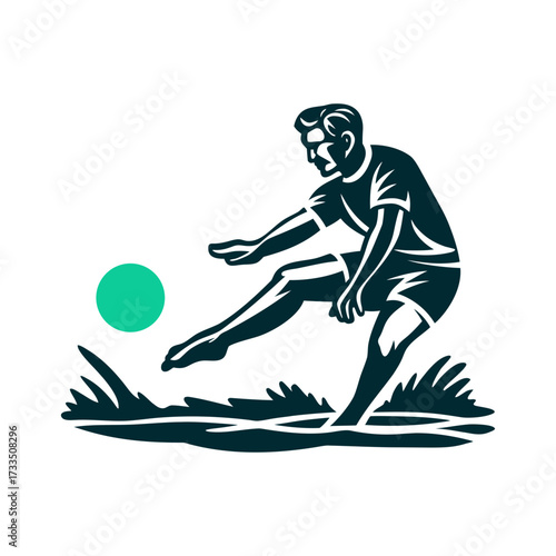 Man Kicking Ball Silhouette Vector Illustration Kickball Race Bare foot poised to kick a large solid ball forward