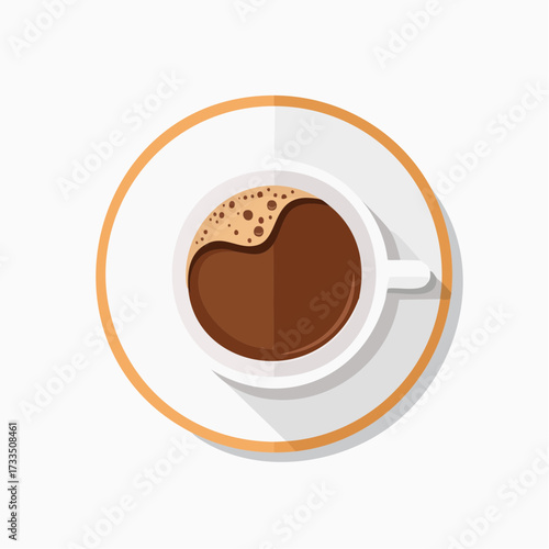 Top-down view of a cup of coffee with foam, sitting on a saucer with a thin orange rim, casting a shadow on a white background.