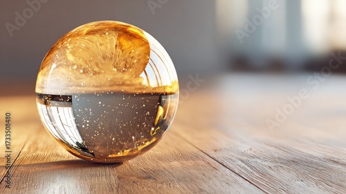 paperweight. Glass paperweight magnifying light reflections on wood, symbolizing abstract financial concepts in a minimalist setting. pitch deck slides.