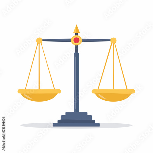 Illustration of golden scales of justice, balanced and symmetrical, on a blue stand against a white background.