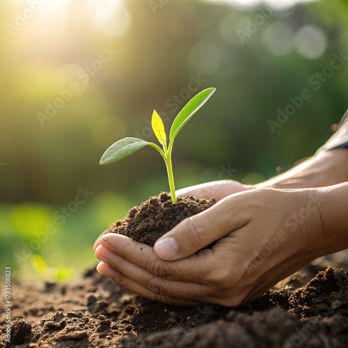 Wallpaper Mural Hands holding soil with a small green plant sprouting. The background is blurred with natural greenery, symbolizing growth and sustainability. Torontodigital.ca