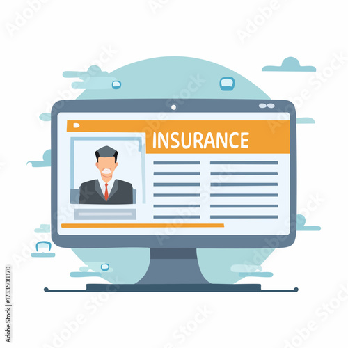 Computer monitor displaying an insurance webpage with a professional headshot and policy details.