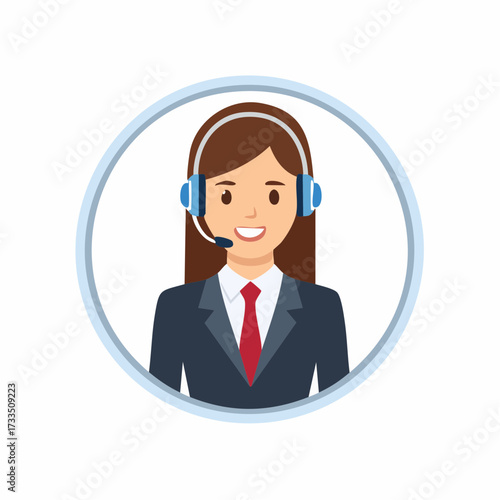 Smiling woman with headset, wearing a suit and tie, inside a blue circle.