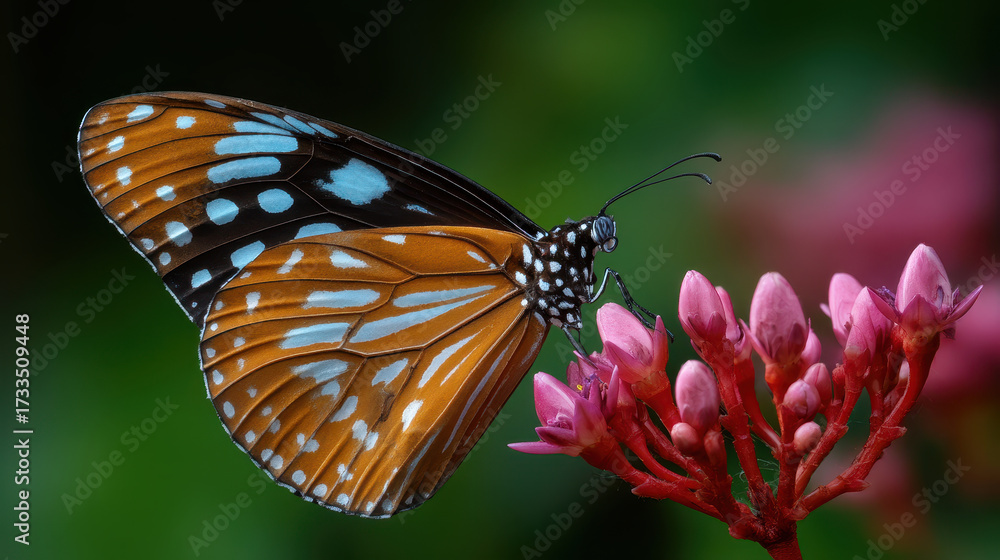 Fototapeta premium Butterfly with orange and blue wings feeding on pink flower in natural green background