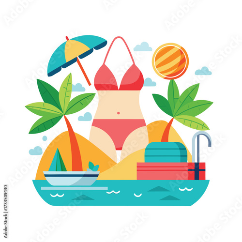 summer beach vacation icon set with palm tree and sun
