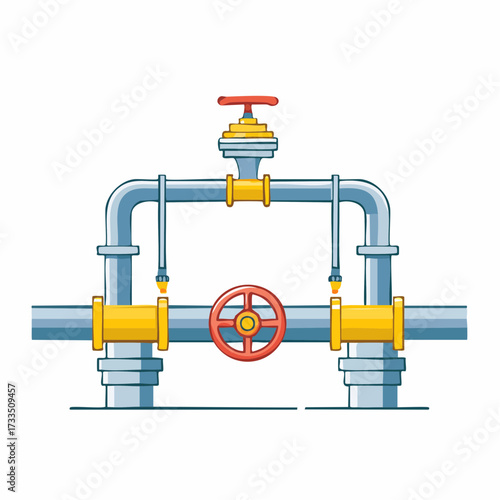 Illustration of a metal pipeline system with valves and connections, featuring a red wheel valve and yellow connectors on a white background.
