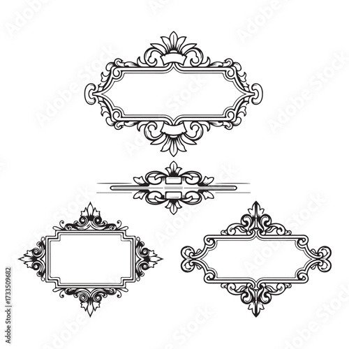 Large set vector black silhouette frame cartouches badges silhouette vector illustration on white background.