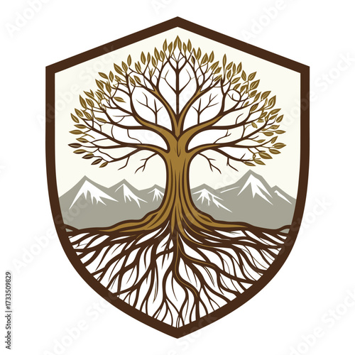 A shield-shaped illustration of a tree with prominent roots and mountains.