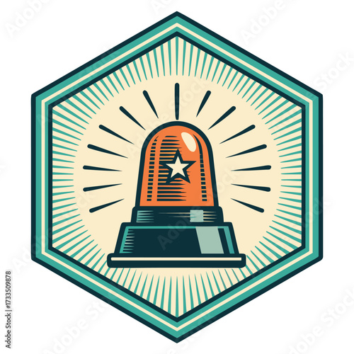 A graphic illustration of a vintage emergency siren with light rays emanating from it.