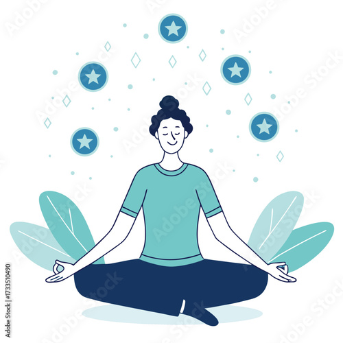 Person meditating with stars and leaves in the background.