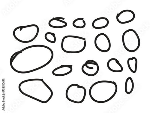 The image displays a collection of hand-drawn, irregular oval shapes with thick black outlines on a white background. The shapes vary in size and orientation, creating a somewhat scattered and organic