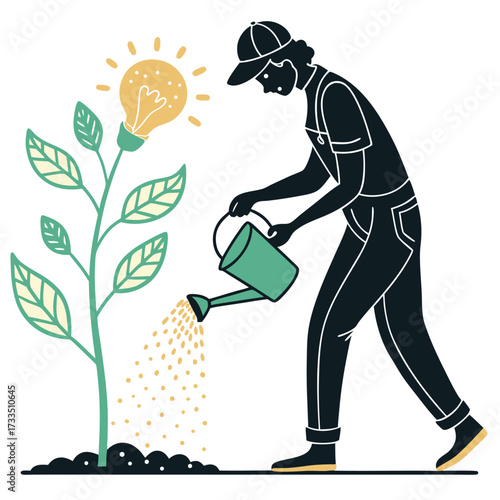A person waters a plant that has a lightbulb for a flower.