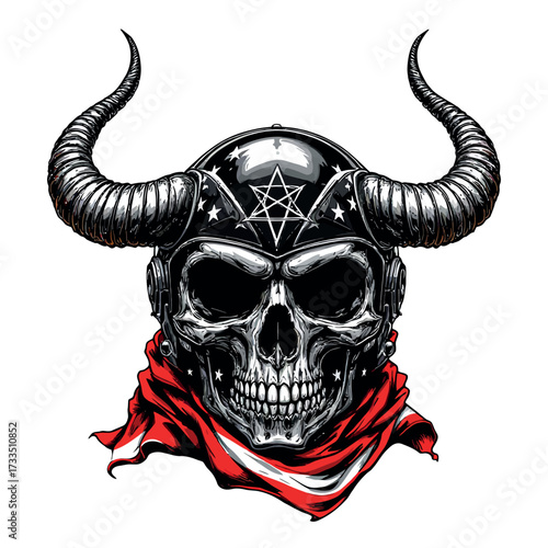 Vsai skull wearing horned helmet and red bandana occult symbol