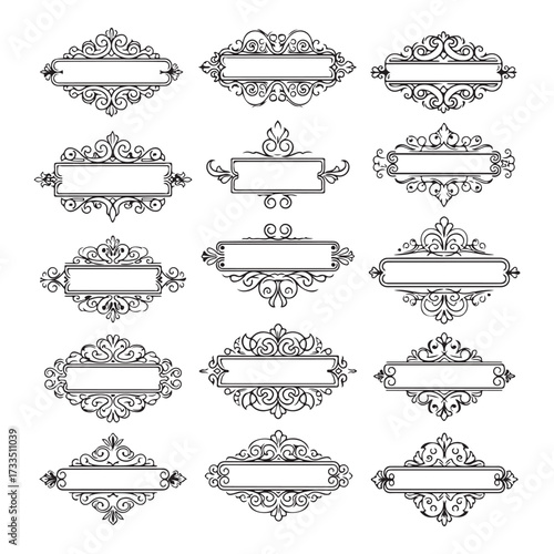 Large set vector black silhouette frame cartouches badges silhouette vector illustration on white background.