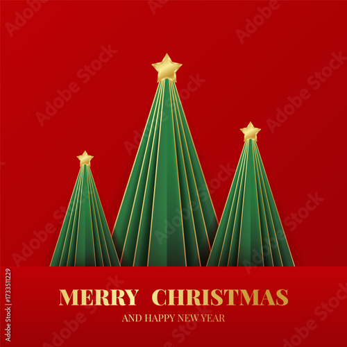 Merry Christmas greeting card with green Christmas trees, stars, greeting text. Red and gold colors. Vector illustration for presentations and seasonal promotions
