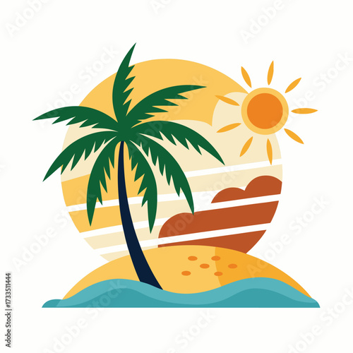tropical beach with palm trees and island
