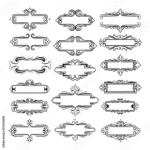 Large set vector black silhouette frame cartouches badges silhouette vector illustration on white background.