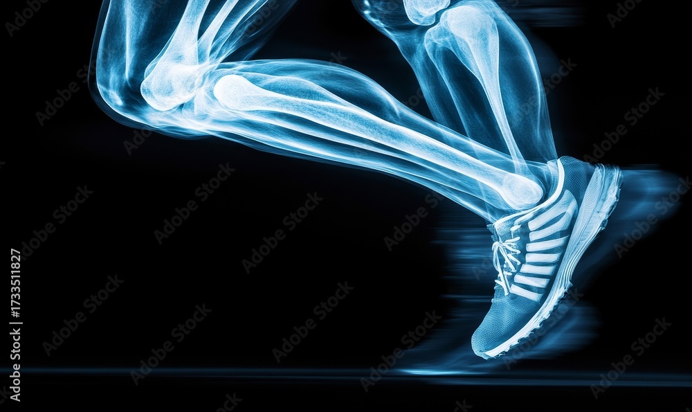 Fototapeta premium X-ray of an athletes injury during a run, focusing on joint pain or muscle strain. The image emphasizes the intersection of sports medicine, health assessment, and athletic recovery, Generative AI