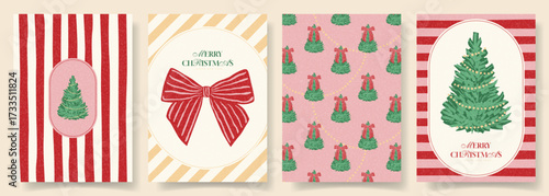 Vintage Christmas and New Year posters. Trendy Christmas cards with bows, fir-trees, garlands, stripe patterns and typography design. Modern minimalist New Year flyers for branding, cover, ads.