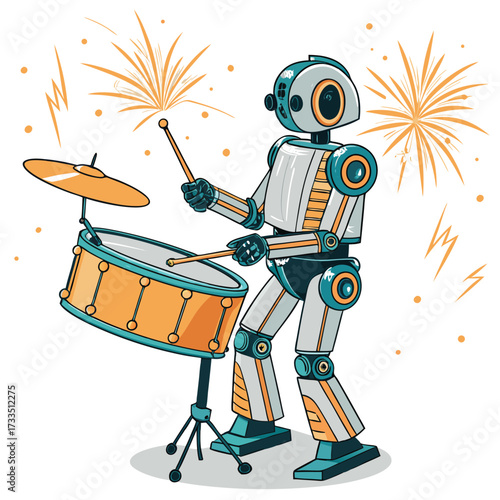 A robot drummer plays a drum set with fireworks in the background.
