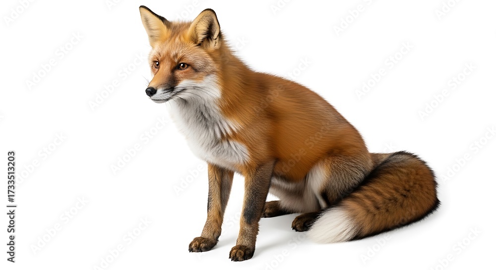 Fototapeta premium Captivating portrait of a red fox perched gracefully against a seamless white backdrop showcasing its vibrant fur and