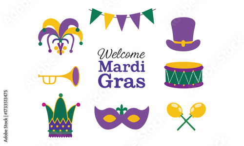 Mardi Gras Clipart – Carnival Masks, Crowns, Drums, Hats, Feathers & Party Decorations in Purple, Green, and Gold