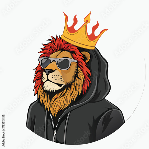 A cool lion wearing sunglasses and a crown, dressed in a hoodie.