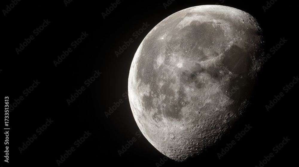Fototapeta premium crater. The moon's rugged surface shines in stark detail against the vast darkness of space, a celestial marvel. STEM education sheets.