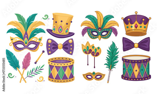 Mardi Gras Clipart – Carnival Masks, Crowns, Drums, Hats, Feathers & Party Decorations in Purple, Green, and Gold