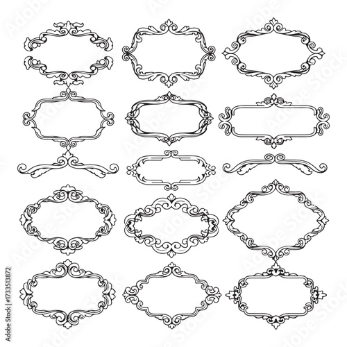Large set vector black silhouette frame cartouches badges silhouette vector illustration on white background.