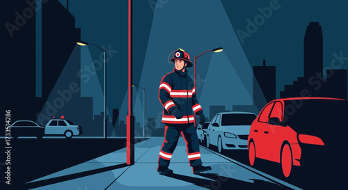 Brave firefighter in action during a city night emergency with a police car